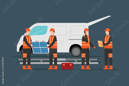 Solar cell team constructor service install for new customer 2d vector illustration concept for banner, website, illustration, landing page, flyer, etc.