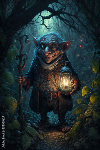 goblin, gnome with a lantern in the forest, dark forest, dark fantasy, art illustration