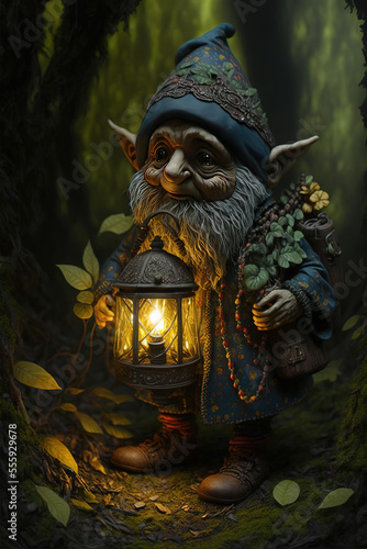 goblin, gnome with a lantern in the forest, dark forest, dark fantasy, art illustration