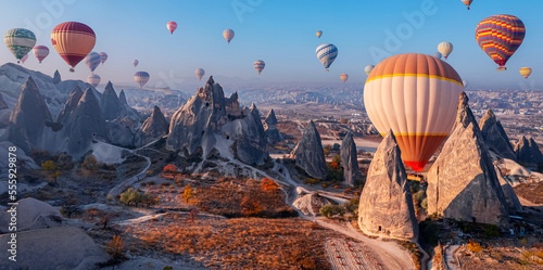 Travel tourist concept, Landscape sunrise with hot air balloons fly over deep canyons, valleys Cappadocia Goreme National Park Turkey © Parilov