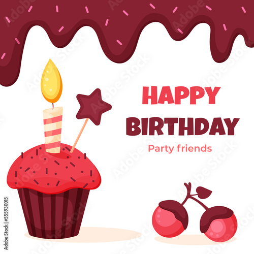 Happy Birthday card with chocolate cupcake and burning candle and chocolate-covered cherries cartoon vector illustration on white background.
