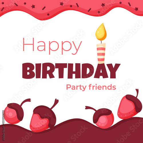 Happy Birthday card with candle and chocolate cherries cartoon vector illustration on white background.