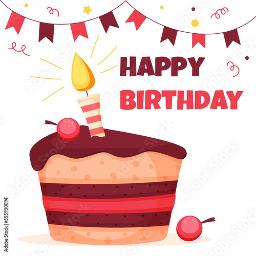 Birthday card with a piece of chocolate cake and burning candle cartoon vector illustration on white background.