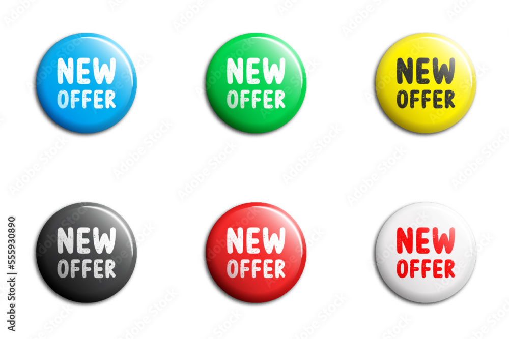 Set of glossy buttons or badges with the inscription: New offer. Flat vector illustration. Set of glossy buttons or badges with the inscription: New offer. Flat vector illustration.