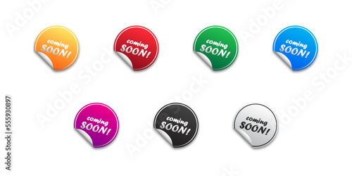 Coming soon. Round sticker set with offer message. Flat vector illustration.