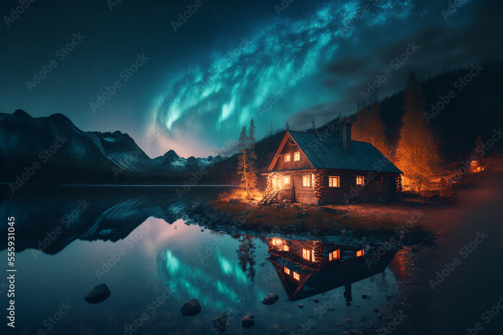 Fototapeta premium Lighting cottage house under the awesome milkyway winter night