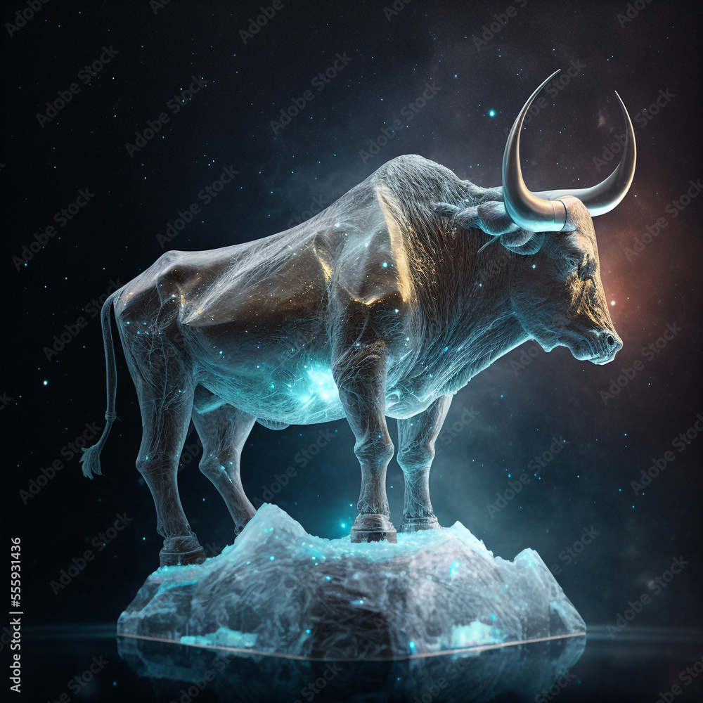 A bull statue and stand made of ice glass metal