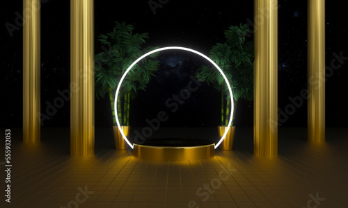 Platform with plants and light on space background in the gold interior 3D rendering