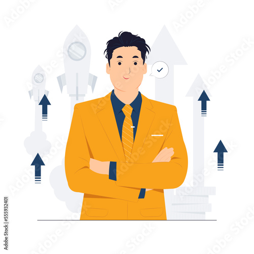 Powerful Successful Young Businessman with high self esteem and confidence dressed in stylish suit, pointing himself with fingers proud and happy concept illustration