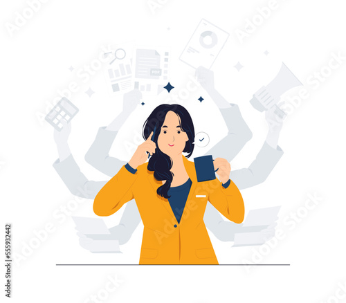 Multitasking woman with many hands in a suit Works simultaneously with several objects concept illustration