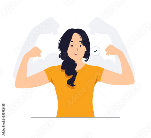 Strong powerful woman raises arms and shows biceps, has piercing in ear, Look at my muscles inner strength concept illustration