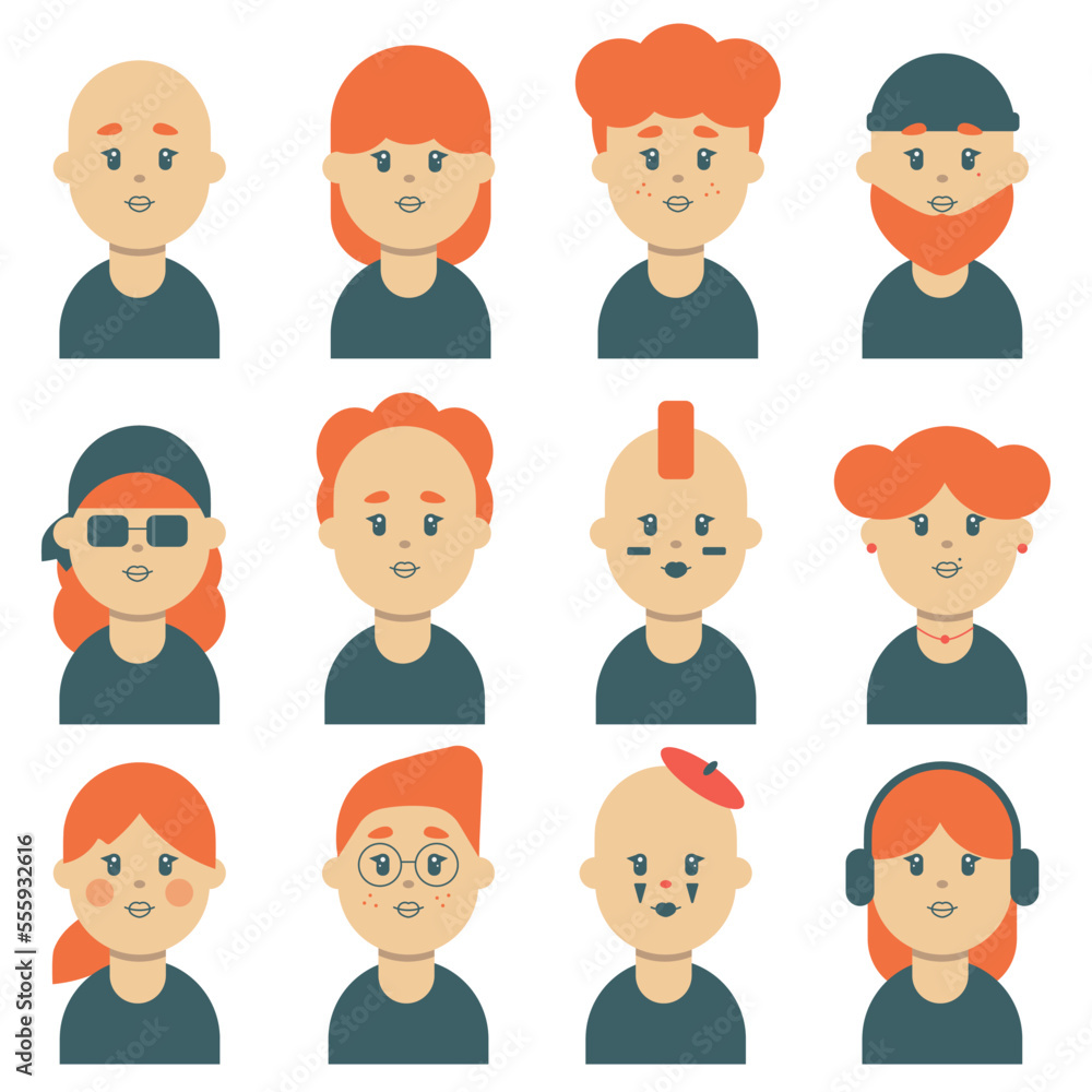 Redhead people faces icons set avatars in flat style geometry vector illustration Redhead people faces icons set avatars in flat style geometry vector illustration
