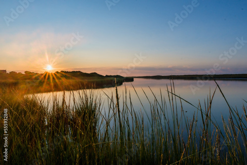 The sun rises over a soft peaceful marsh scene on Martha's Vineyard