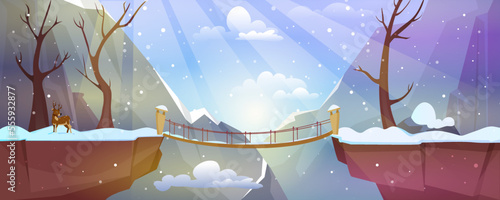 Winter landscape with mountains and suspension bridge above precipice between cliffs. Cartoon vector illustration of bare trees, deer, snow peaks and wooden footbridge over abyss at sunlight rays