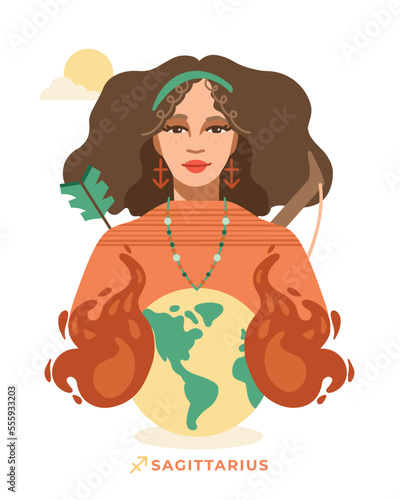 Sagittarius zodiac sign. Horoscope. Illustration of Sag astrological sign of beautiful girl with earth, fire, bow, arrow, zodiac icon. Vector art. Mystical. Fire sign.