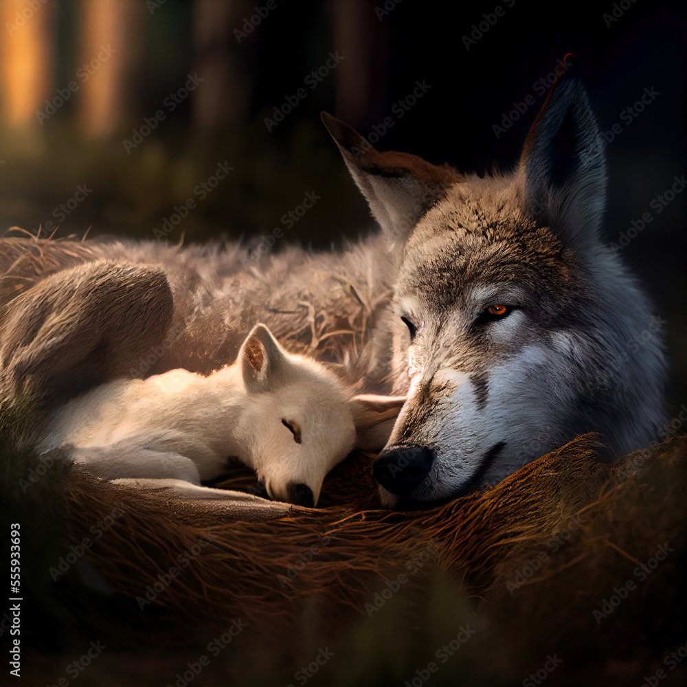 wolf laying with lamb Stock Illustration | Adobe Stock