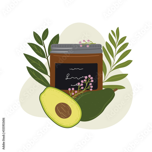 Composition with organic cosmetic products in jar for skin care with abstract shape and greenery, avocado. Serum, cream product. Hand draw vector illustration