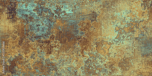 Seamless oxidized copper patina corrugated sheet metal grunge background texture. Vintage antique weathered and worn rusted bronze or brass abstract pattern. Orange brown and mint green 3D rendering.