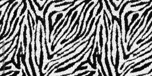 Seamless soft fluffy zebra or tiger stripe African safari wildlife pattern. Realistic black and white cozy long pile animal skin print rug or winter fur coat fashion background texture 3D rendering.