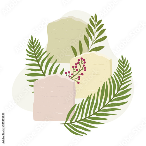 Composition with natural organic soaps with abstract shape, greenery. Hand draw vector illustration