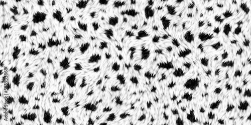 Seamless soft fluffy small cheetah  leopard  dalmatian  cow or calico cat spots pattern. Realistic black and white cozy long pile animal print rug or fur coat fashion background texture 3D rendering.