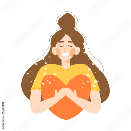 Young smiling girl hugging heart. Cute flat cartoon vector character. Love yourself, self care, acceptance and mental health concept 