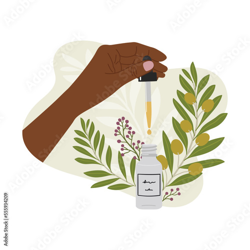Black female hand holds pipette for skincare with abstract shape and greenery. Serum and oil product. Hand draw vector illustration