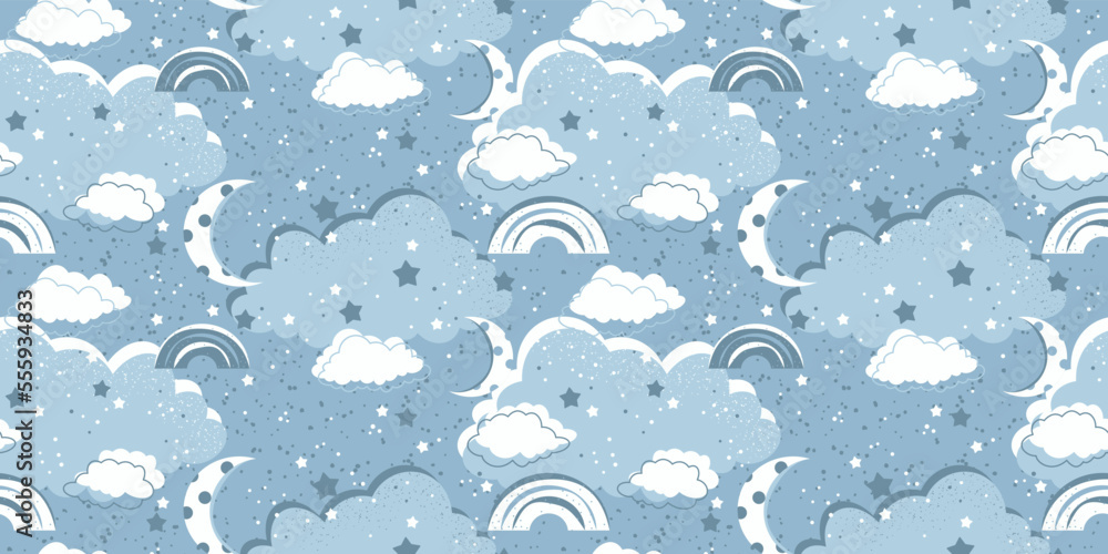 Blue seamless clouds in the sky with stars. Vector design illustration for wallpaper. Decor, interior, seamless packaging, stylish print. Blue seamless clouds in the sky with stars. Vector design illustration for wallpaper. Decor, interior, seamless packaging, stylish print.