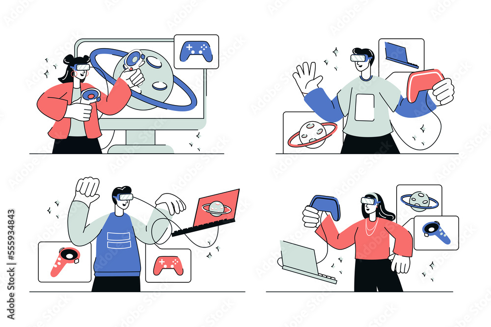 Cyberspace concept set in flat line design. Men and women in VR headsets and controllers interact with augmented reality in games or learning. Illustration with outline people scene for web Cyberspace concept set in flat line design. Men and women in VR headsets and controllers interact with augmented reality in games or learning. Illustration with outline people scene for web