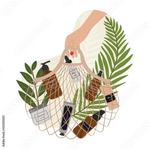 Female hand holds bag with organic cosmetic products in bottles, jars, tubes for skincare with abstract shape and greenery. Cleanser, tonner, serum, cream product. Hand draw vector illustration