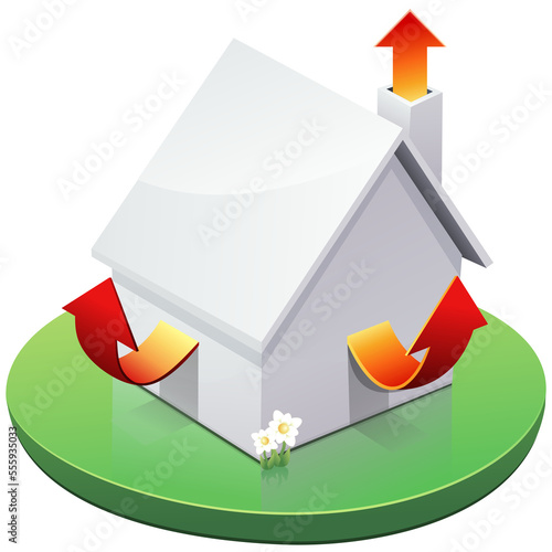 White 3D house isolated on a piece of garden with red arrows coming out of the roof and walls representing a lack of thermal insulation (cut out)