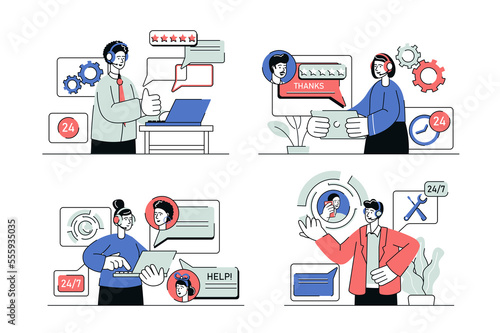 Customer service concept set in flat line design. Men and women in headphones advice clients, support, assist and solve tech problems in chat. Illustration with outline people scene for web © Andrey