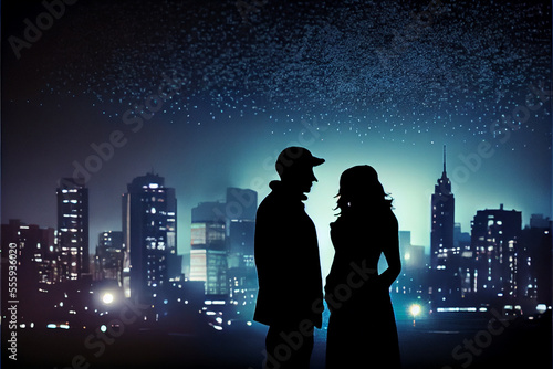 Romantic moment between teenage couple in silhouette against blur of the city at night.