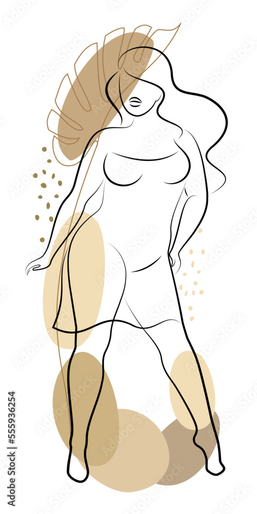Beautiful woman silhouette and plant leaf in modern single line continuous style. The girl is overweight. The lady is standing. vector illustration.