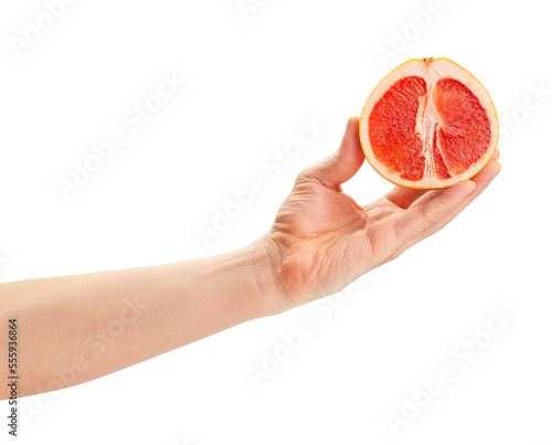 sliced grapefruit in hand path isolated on white