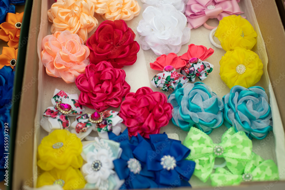 Fabric bows. Handmade hair clips. Flowers from fabric flaps. Hair ornament.