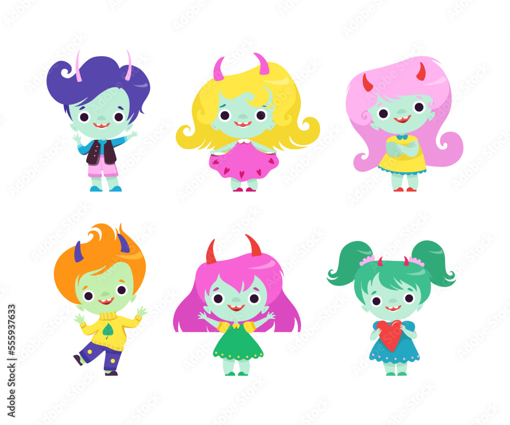 Cute Horned Trolls Boys and Girls as Adorable Smiling Fantasy Creatures Vector Set