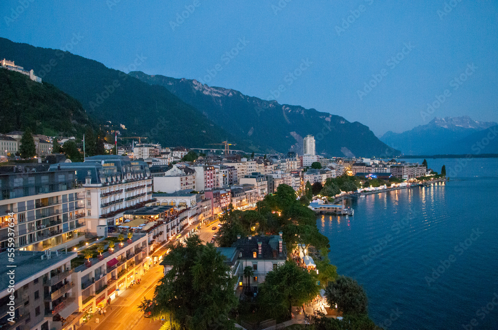 Evening view over Lake Geneva in Montreux, Switzerland.