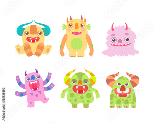 Funny Toothy Monsters with Horns and Open Mouth Vector Set