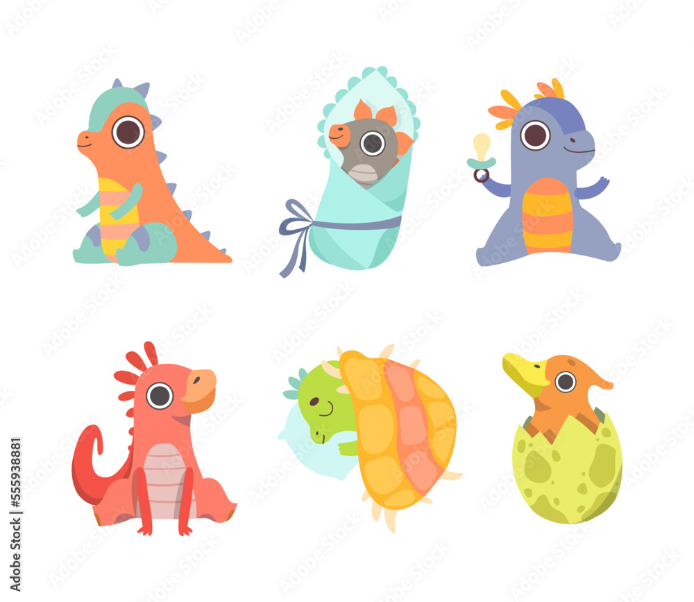 Cartoon Baby Dragon as Newborn Creature Playing and Having Fun Vector Set