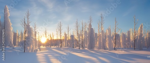 Winter landscape of Snow and sunrise. Winter landscape with snow, trees, sunrise, sunshine.