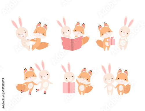 Pretty Little Bunny and Fox Cub Playing Together as Best Friends Vector Set