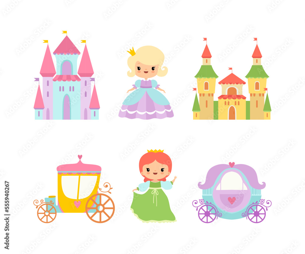 Royal Princess in Pretty Dress and Carriage with Castle Vector Set Royal Princess in Pretty Dress and Carriage with Castle Vector Set