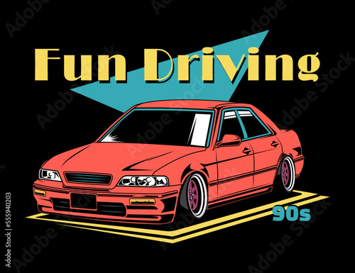 car illustration cartoon with fun driving text design vector fit well for t-shirt printing graphic