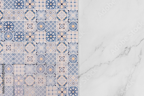 blue patterned tile on marble background photo