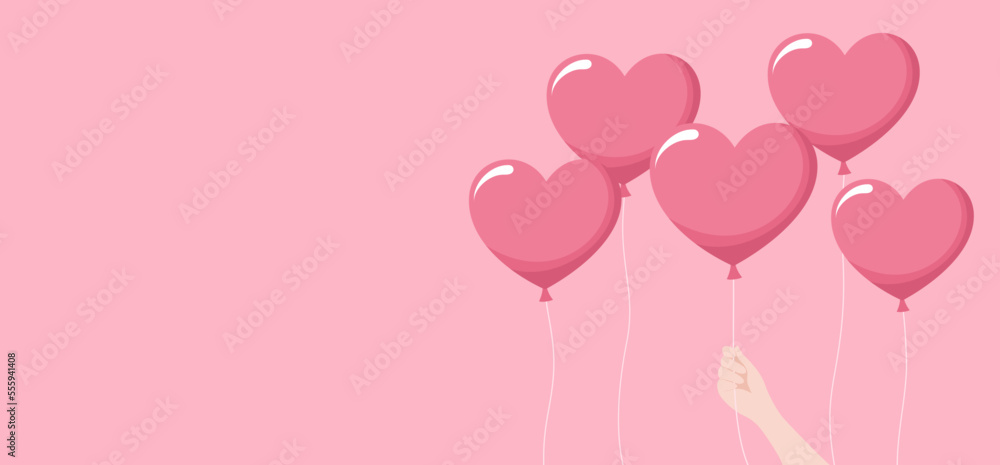 Heart balloons and a hand holding one on a pink background, copy space. Flat vector illustration