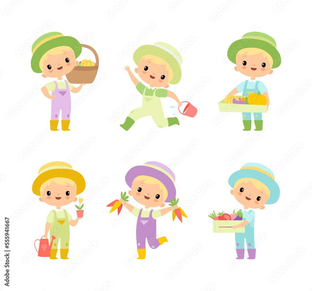 Little Blond Boy in Jumpsuit and Hat at Farm Working in the Garden Vector Set