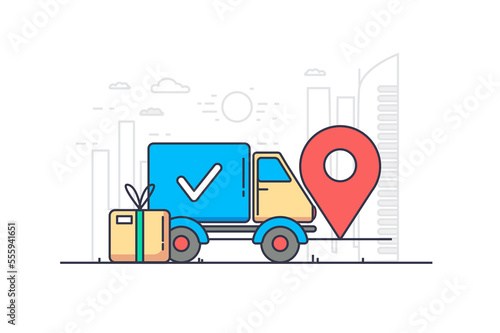 Delivery concept in flat outline design. Global shipping, import and export, postal service with online tracking. Illustration with colorful line web scene with truck for transporting parcels.