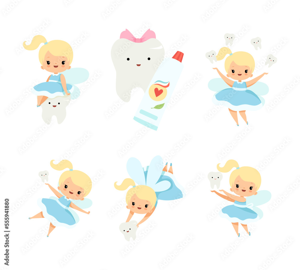 Cute Little Tooth Fairy with Blond Hair and Ponytail with First Baby Tooth Vector Set Cute Little Tooth Fairy with Blond Hair and Ponytail with First Baby Tooth Vector Set