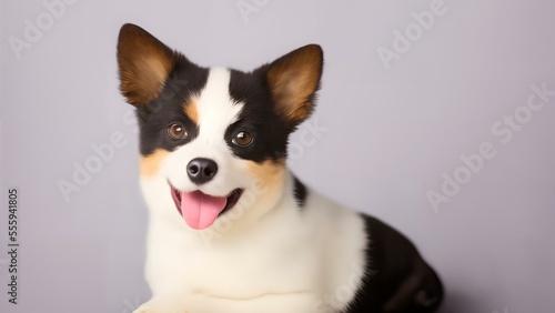 Adorable happy puppy dog smiling on grey background. Perfect for pet lovers, this bright and cheerful image is sure to bring joy to your day.